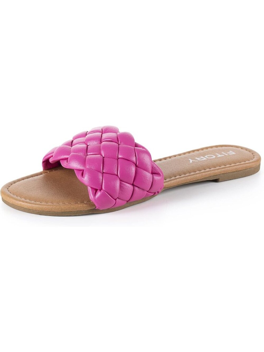 Women's Hot Pink Fashion Round Open Toe Slip On Braided Strap Slide Slippers